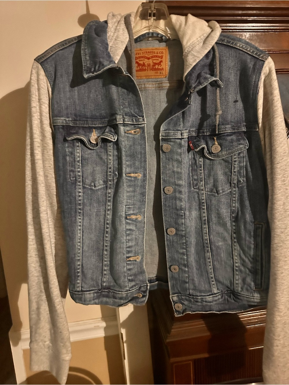 Woman’s Levi's Light Blue Denim Jacket with Light Gray Hooded Sleeves
